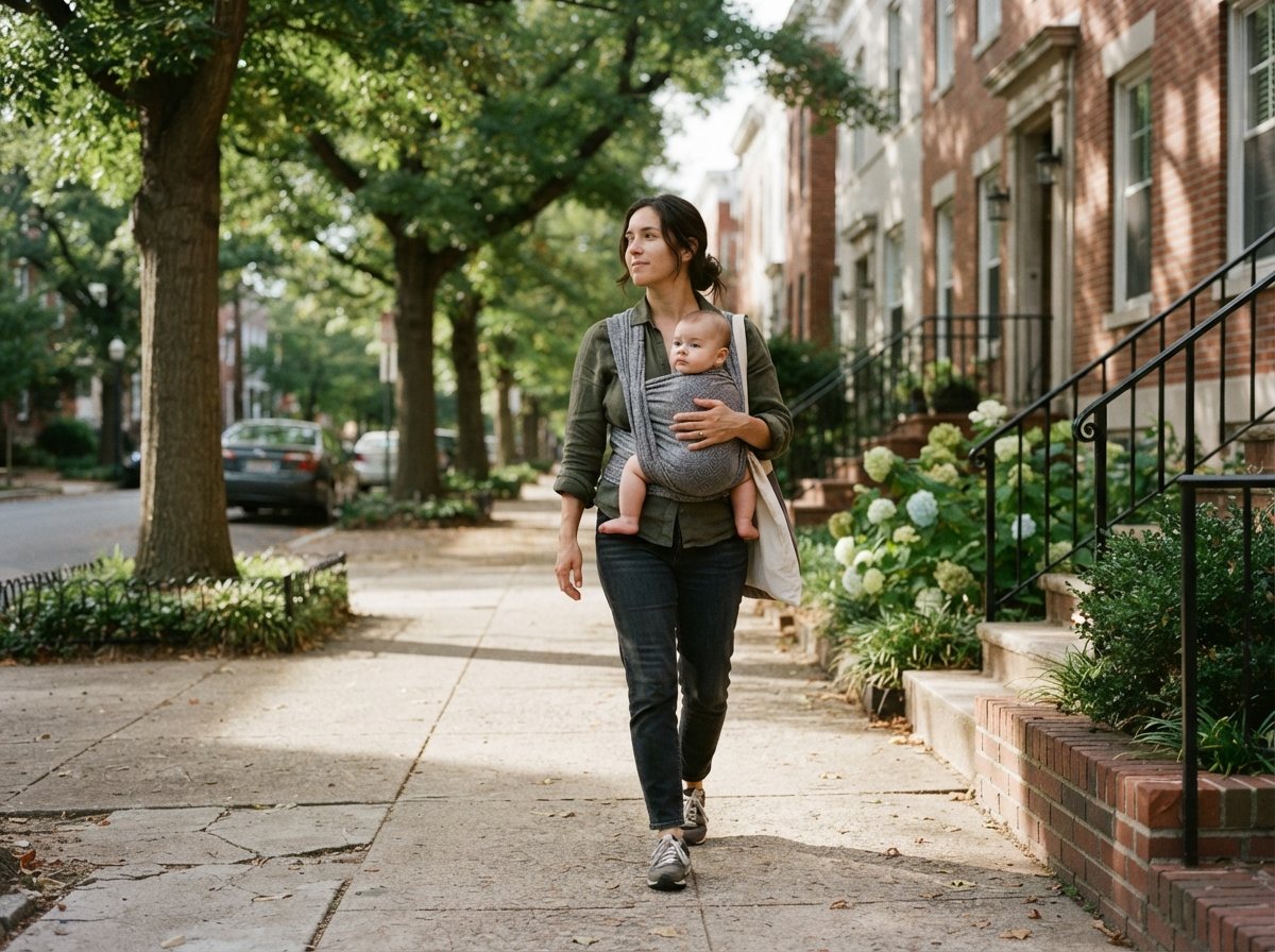 A mother walking a leafy residential Northwest D.C